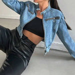Stand Collar Cropped Denim Moto Jacket