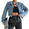 Stand Collar Cropped Denim Moto Jacket