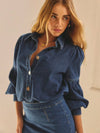 Denim Puff-Sleeve Button-Front Blouse