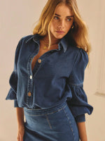 Denim Puff-Sleeve Button-Front Blouse