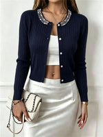 Beaded Crew Neck Cable Knit Cardigan