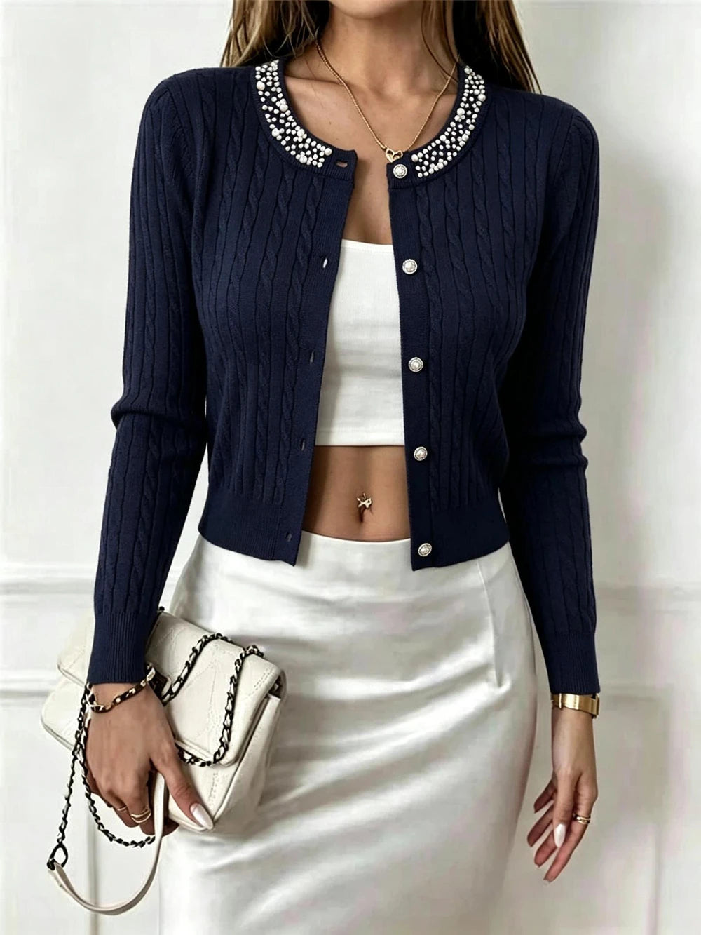 Beaded Crew Neck Cable Knit Cardigan