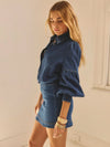 Denim Puff-Sleeve Button-Front Blouse