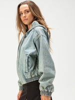 Acid-Wash Hooded Denim Bomber Jacket