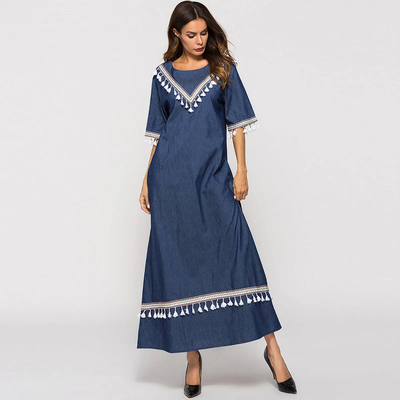 Mid-sleeve Fringed Denim Dress