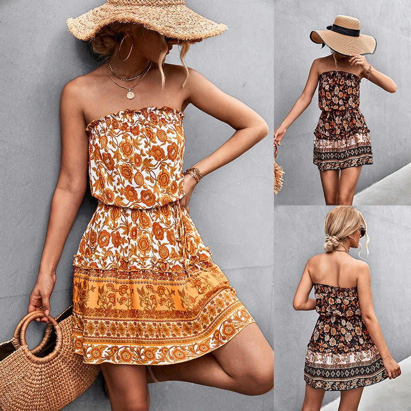 Bohemian Floral Strapless Dress