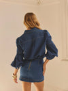Denim Puff-Sleeve Button-Front Blouse