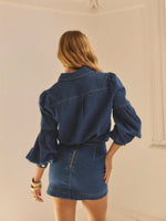 Denim Puff-Sleeve Button-Front Blouse