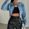 Stand Collar Cropped Denim Moto Jacket