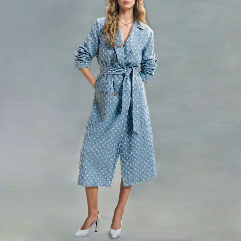 Light Blue Tweed Belted Long Coat