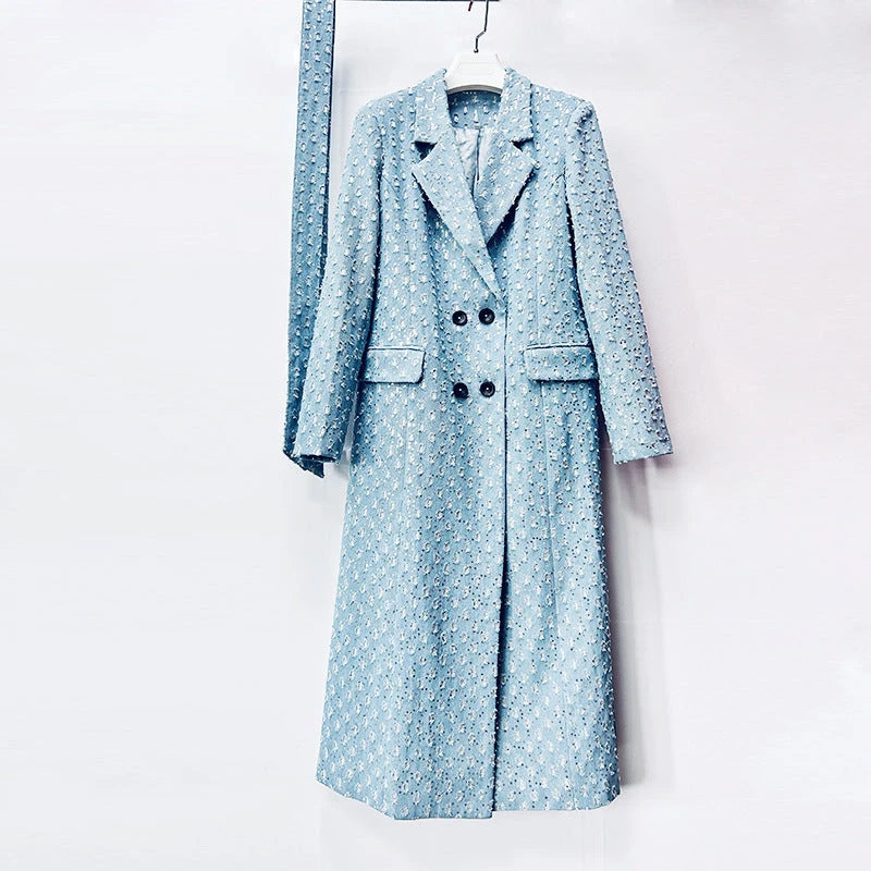 Light Blue Tweed Belted Long Coat