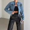 Stand Collar Cropped Denim Moto Jacket
