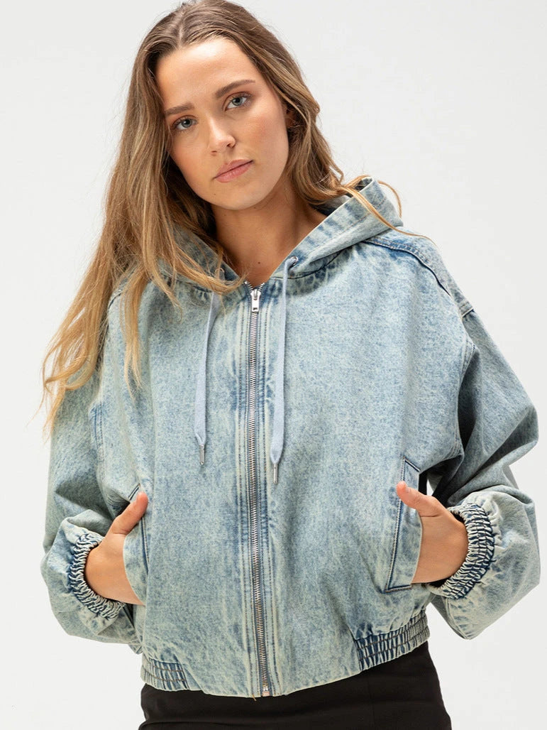Acid-Wash Hooded Denim Bomber Jacket