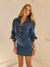 Denim Puff-Sleeve Button-Front Blouse