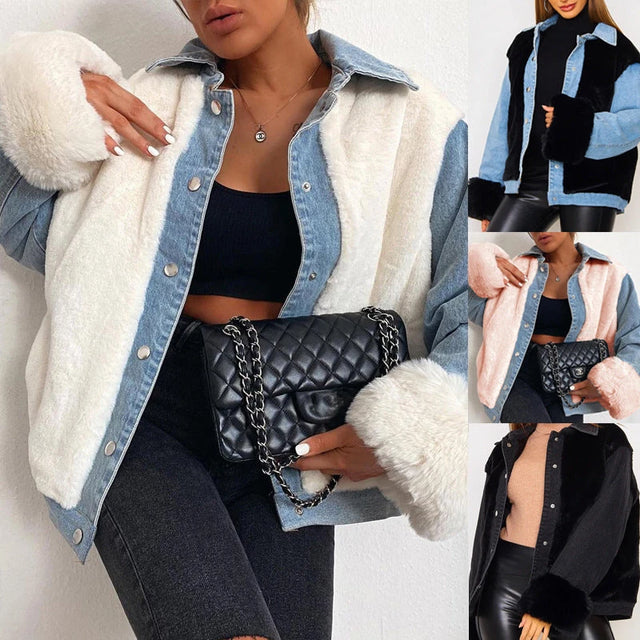 Plush Denim Stitching Warm Jacket