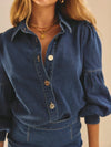 Denim Puff-Sleeve Button-Front Blouse