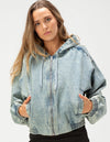 Acid-Wash Hooded Denim Bomber Jacket