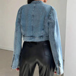 Stand Collar Cropped Denim Moto Jacket