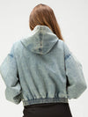Acid-Wash Hooded Denim Bomber Jacket