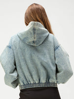 Acid-Wash Hooded Denim Bomber Jacket